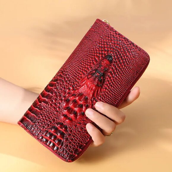 Raised Crocodile Embossed Leather Zipper Wallet Clutch Wristlet Card Holder - Picture 3 of 8